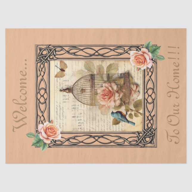 Framed Floral Bird Cage & Script Decoupage  Tissue Paper (Front)