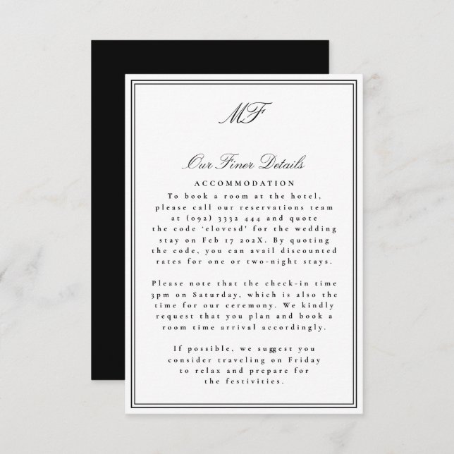Framed Formal Tuxedo White Wedding Details Info Enclosure Card (Front/Back)