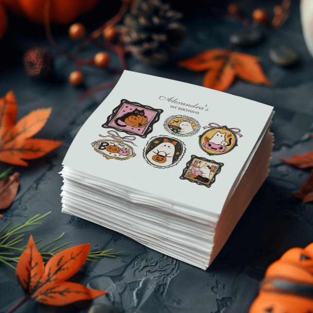 Framed Ghost & Cat Halloween 1st Birthday Napkin (Creator Uploaded)
