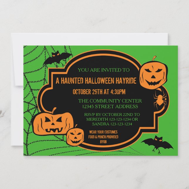 Framed Green/Orange Pumpkin - 5x7 Halloween Invite (Front)