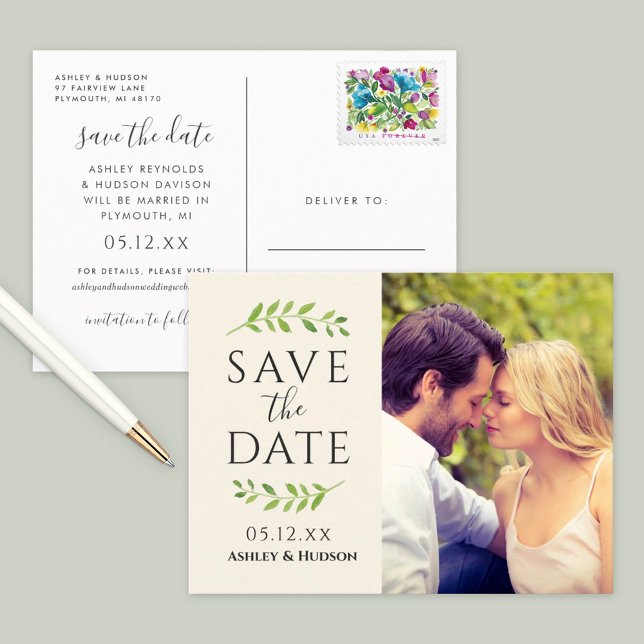 Framed in Greenery Wedding Photo Save the Date Announcement Postcard (Creator Uploaded)