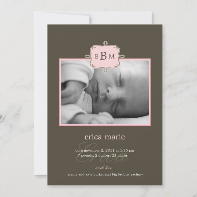 Framed Initials Birth Announcement - Pink/Grey (Front)