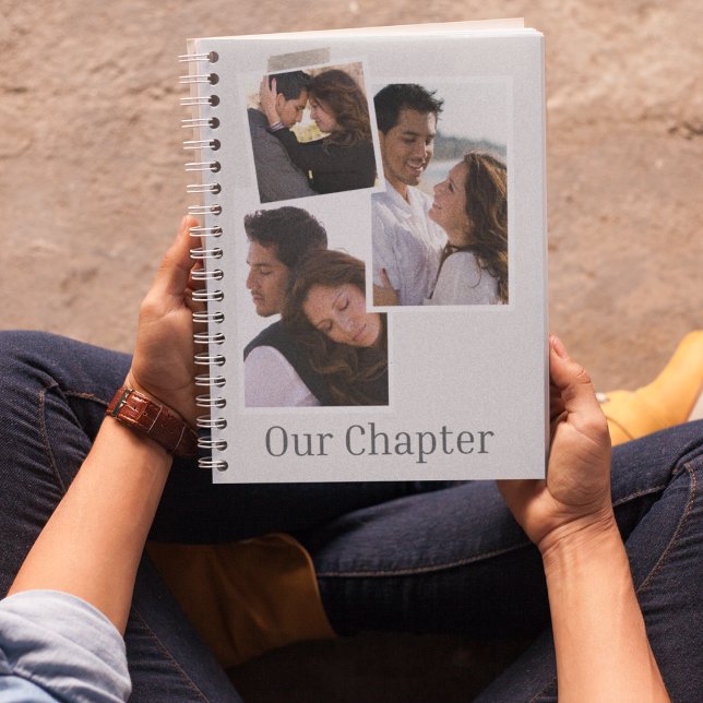 Framed & Layered Story Notebook (“Notebook with layered photo collage, framed borders, washi tape detail, and ‘Our Chapter’ headline.)