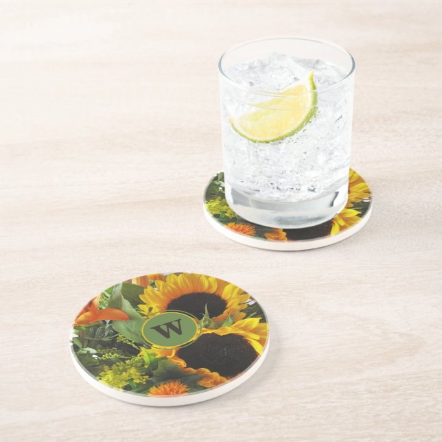 Framed Monogram Beautiful Sunflowers Sandstone Coaster (Side)