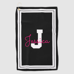 Framed Name & Monogram   Black White & Pink Golf Towel