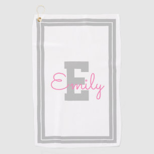 Framed Name & Monogram   Light Grey & Pink Golf Towel