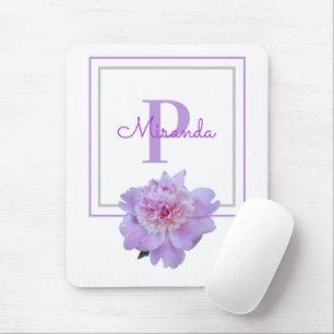 Framed Purple Monogram Pink Peony Flower Mouse Mat