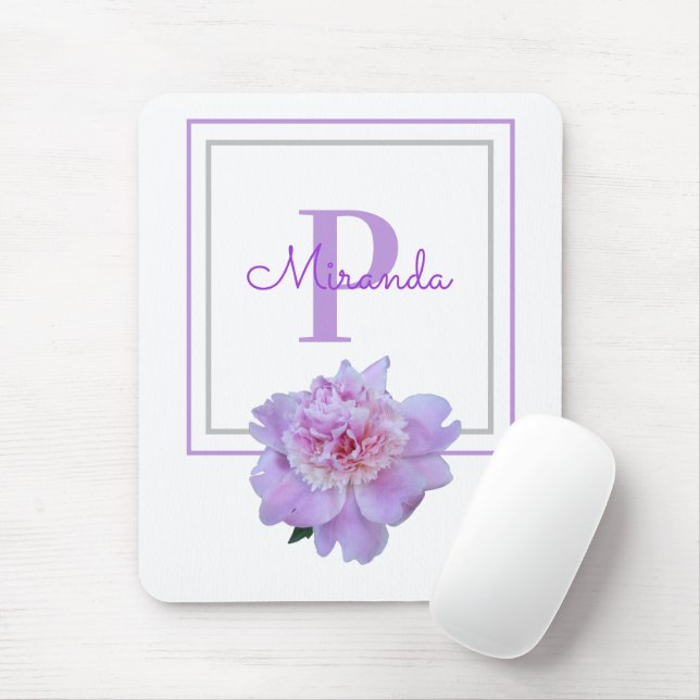 Framed Purple Monogram Pink Peony Flower Mouse Mat (With Mouse)