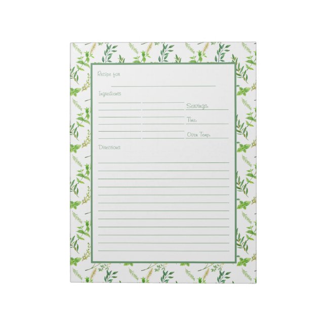 Framed Recipe Page for Green Herb Leaves Binder Notepad (Rotated)