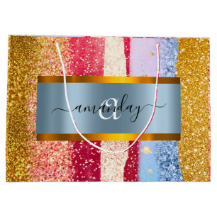 Framed Royal Monogram Golden Glitter Pink VIP Large Gift Bag