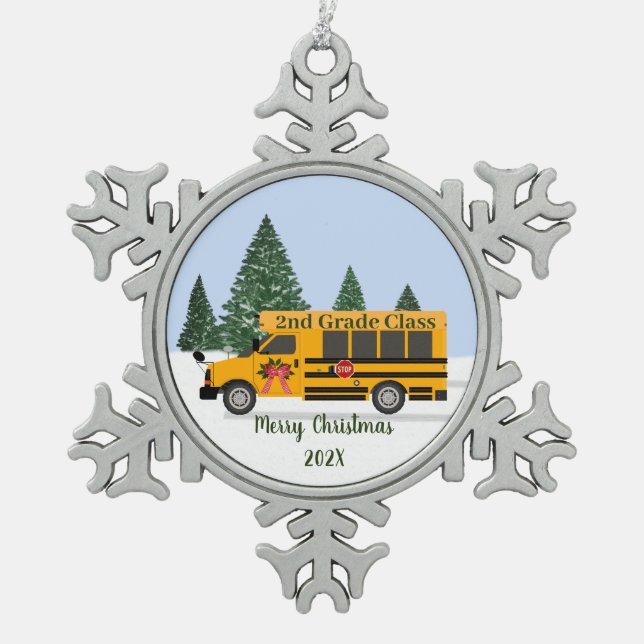 Framed Snowflake Teacher School Bus Class Ornament (Front)
