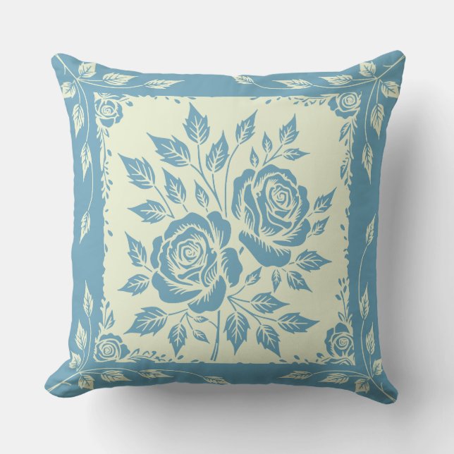 Framed Woodcut Bouquet Blue Cushion (Front)