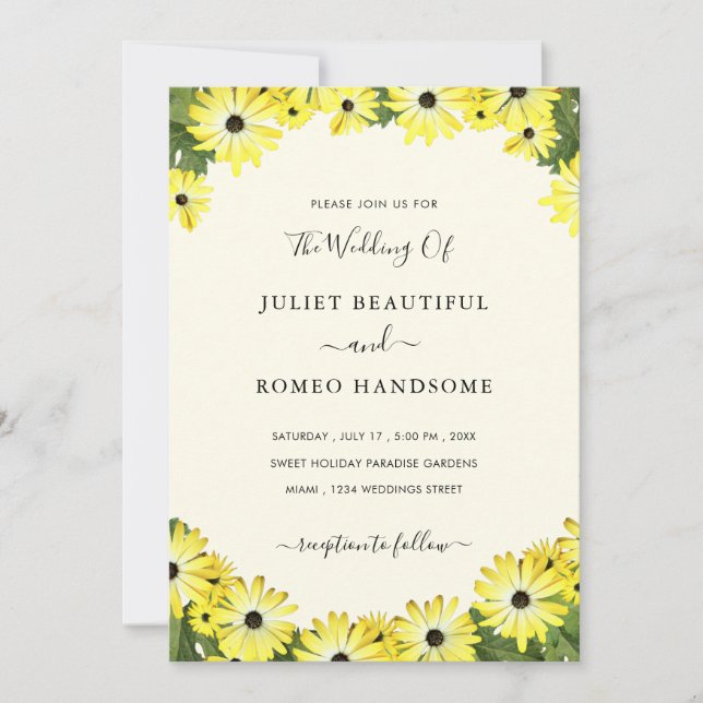 Framed Yellow Flowers Wedding Invitation Example (Front)