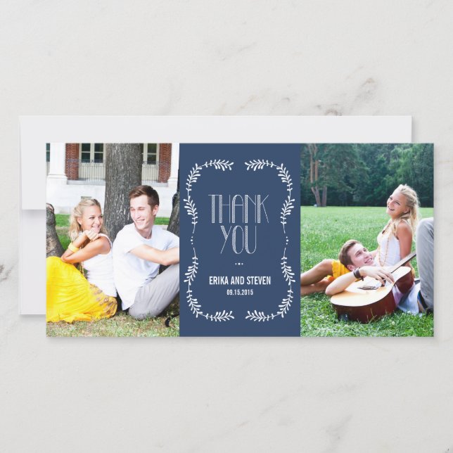 Framing Leaves Wedding Thank You Cards Navy (Front)