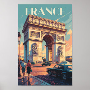 France Arc de Triomphe Travel Art Vintage Poster