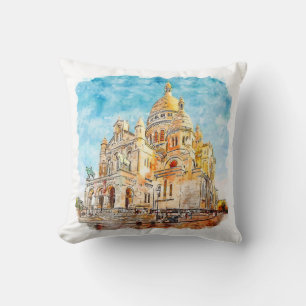 France Architecture Hand Drawn Watercolor Sketch Cushion