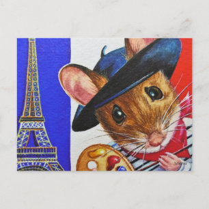 France Artist Mouse Eiffel Tower Watercolor Art Postcard