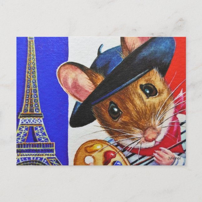 France Artist Mouse Eiffel Tower Watercolor Art  Postcard (Front)