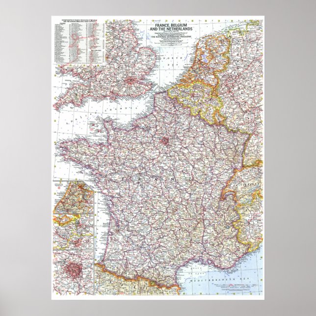 " France, Belgium, Netherlands: 1960 Detailed MAP Poster (Front)