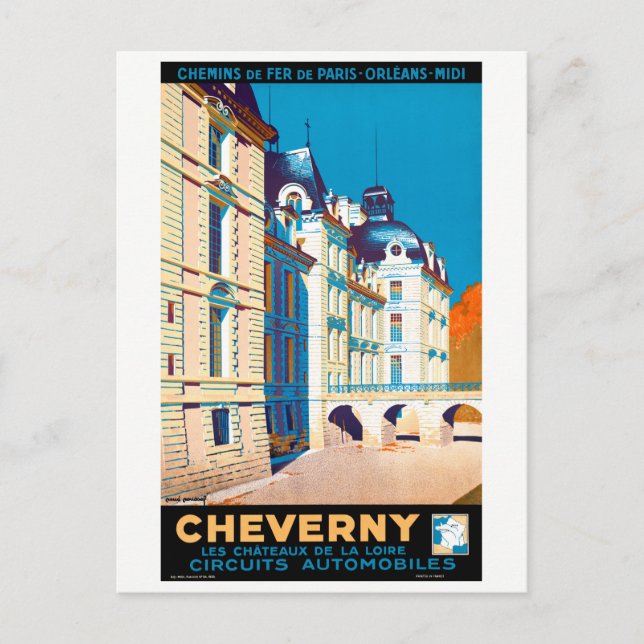 France Cheverny Restored Vintage Travel Poster Postcard (Front)