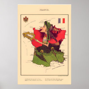 France Comical Map Vintage Lithograph860s - Framed Poster