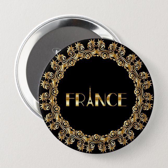 France, Eiffel Tower, Elegant Gold Design, 10 Cm Round Badge (Front & Back)