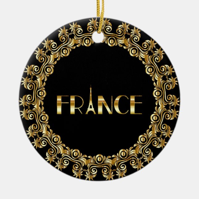 France, Eiffel Tower, Gold Design Ceramic Tree Decoration (Front)