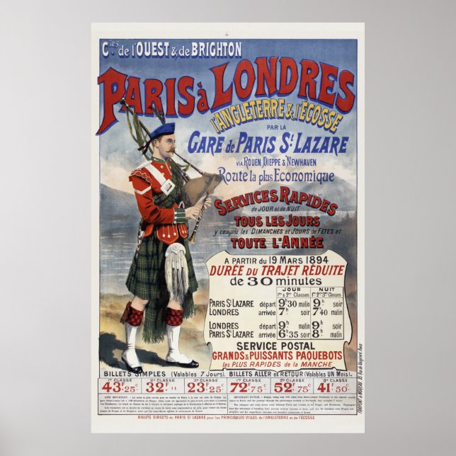 France England Vintage Railroad Travel Poster 1894 (Front)