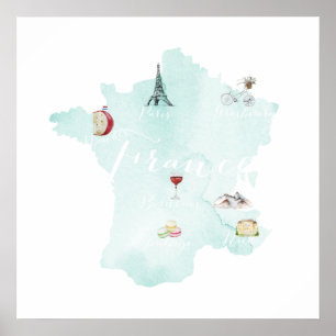 France Illustrated Watercolor Wall Art Map