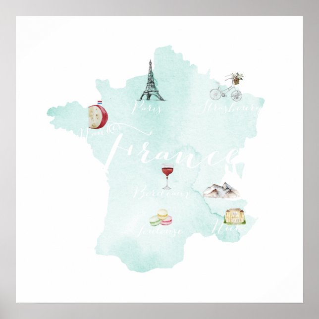 France Illustrated Watercolor Wall Art Map (Front)