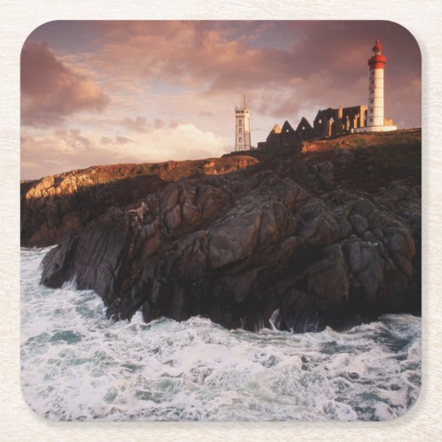 France, lighthouse at dawn square paper coaster (Front)