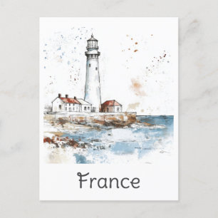 France Lighthouse Coast Watercolor French Travel Postcard