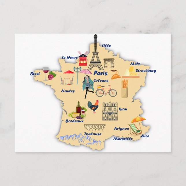 France Map tourists destinations with names  Postcard (Front)