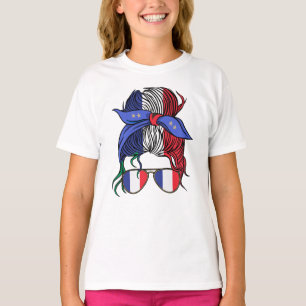France messy bun with French Flag T-Shirt