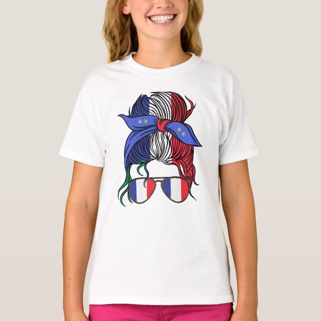 France messy bun with French Flag T-Shirt (Front)