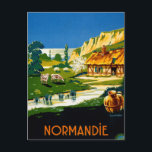 France Normandy Vintage Travel Poster Restored Postcard<br><div class="desc">Restored and digitally enhanced vintage travel poster showing a rural scene in Normandy with a thatched roof cottage and cows by a stream; in background,  cliffs and the sea. Imperfections removed. Colours corrected. Image courtesy of Library of Congress.</div>