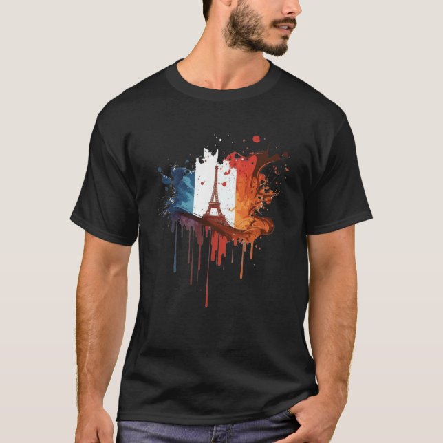France Paris Abstract Splatter French Flag Eiffel  T-Shirt (Front)