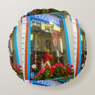 France Paris Cafe Restaurant Pizzeria Window View Round Cushion