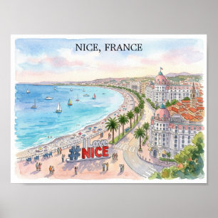 France Promenade des Anglais Watercolor Art Poster
