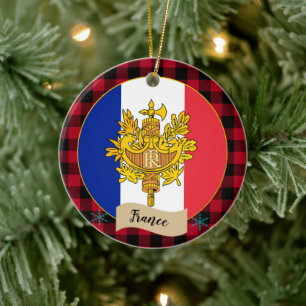 France, Red buffalo plaid, emblem, French Flag Ceramic Tree Decoration