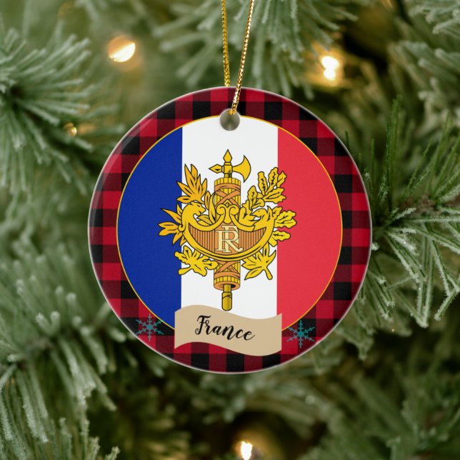 France, Red buffalo plaid, emblem, French Flag Ceramic Tree Decoration (Tree)