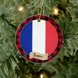 France, Red buffalo plaid & French Flag Ceramic Tree Decoration