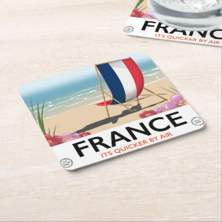 France seaside beach travel poster square paper coaster