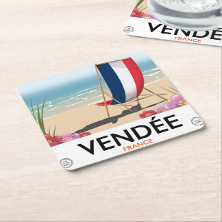 France seaside beach travel poster square paper coaster