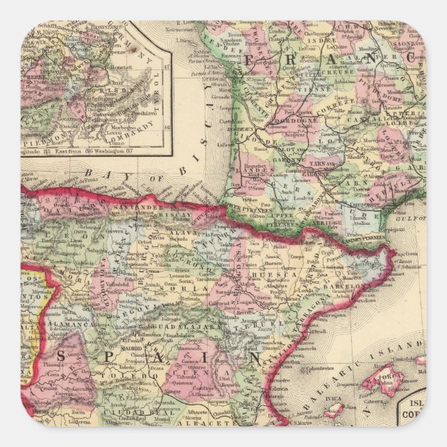 France, Spain, Portugal Map by Mitchell Square Sticker (Front)
