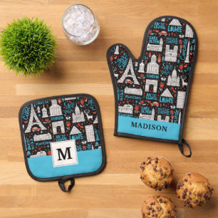 France Symbols Pattern Oven Mitt & Pot Holder Set