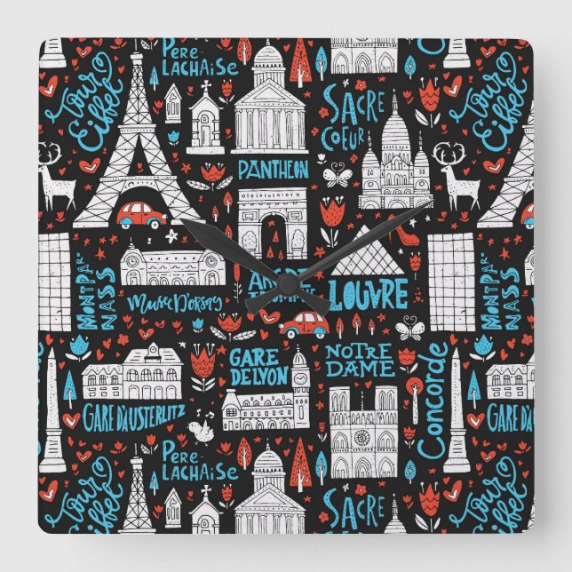 France | Symbols Pattern Square Wall Clock (Front)