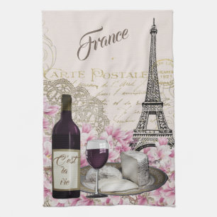FRANCE, TOUR EIFFEL, PARIS, WINE, FRENCH CHEESE TEA TOWEL