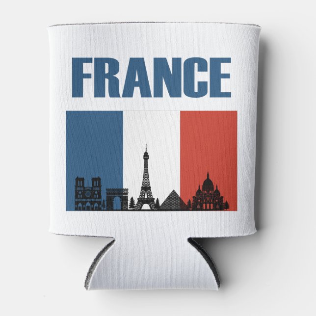 France Travel - Paris City Skyline French Flag Can Cooler (Front)