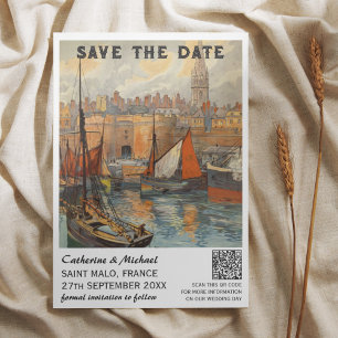 France Vintage Wedding Travel Poster Style QR Code Save The Date